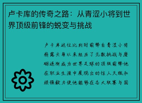 卢卡库的传奇之路：从青涩小将到世界顶级前锋的蜕变与挑战